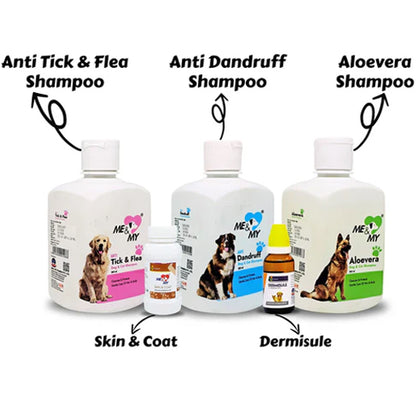 Super Protection For Skin And Fur Dermisule + Skin & Coat + Ticks & Flea Shampoo + Aloevera Shampoo + Anti Dandruff Shampoo (Combo)